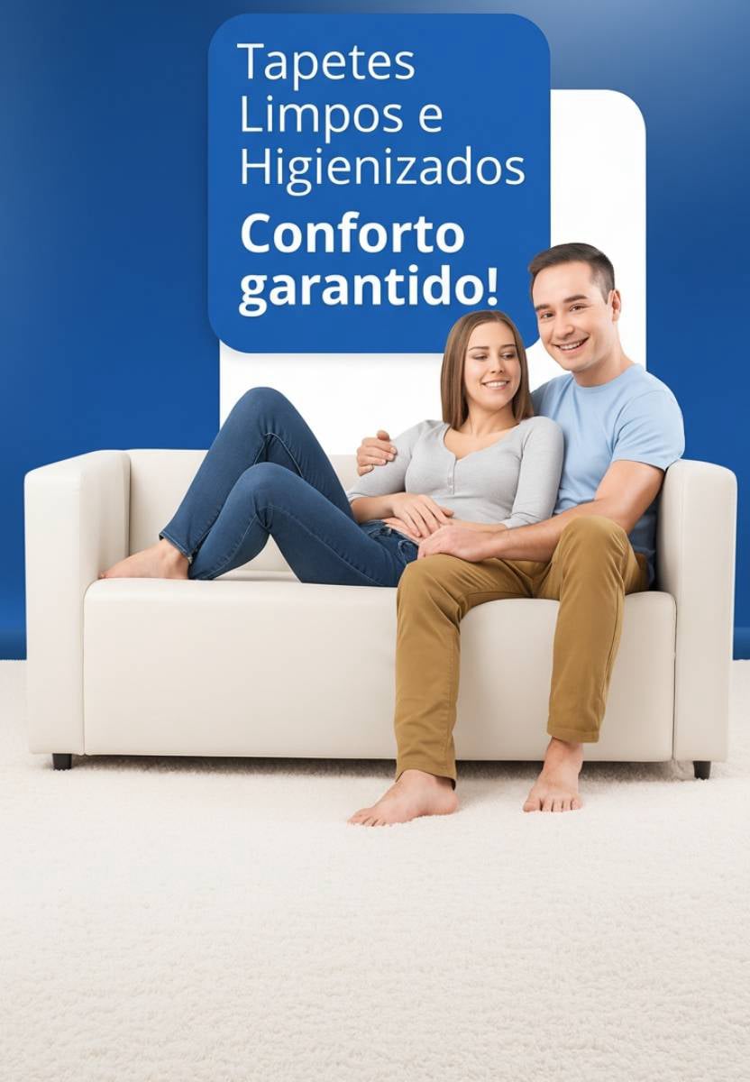 Casal em sofá confortável com tapete limpo após higienização profissional em Poços de Caldas